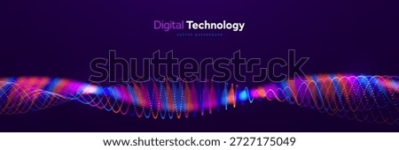 Abstract Digital Technology Design Featuring Neon Particles And Dynamic Waves. Ideal For Modern Innovation, Science, And Data Flow Themes. Digital Networks. Vector Illustration.