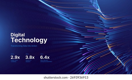 Abstract Digital Technology Flowing Data Lines and Data Flow Particles on Dark Blue Background. AI, Big Data, Fintech Business and Innovation Tech Science Template. Vector Illustration.