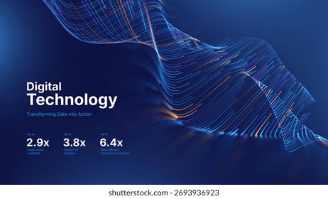 Líneas de datos de flujo de Tecnología digital Abstractas y partículas de flujo de datos sobre fondo azul oscuro. PLANTILLA de Ciencia de IA, Big Data, Negocios Fintech y Tecnología de Innovación. Ilustración vectorial.
