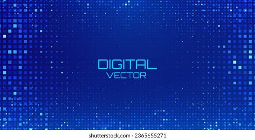 Abstract Digital Technology Futuristic Background. Square Pixels Pattern with Lighting Glowing Particles Square Elements. Technology or Science Research Presentation Backdrop. Vector Illustration.