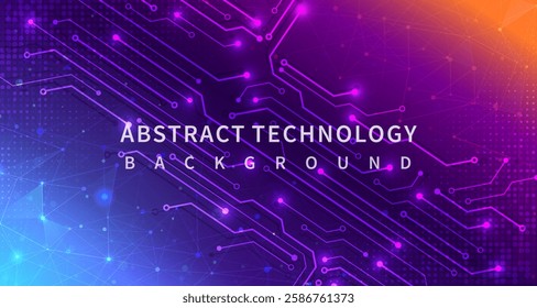 Abstract digital technology futuristic circuit blue purple orange background, Cyber science tech, Innovation communication future, Ai big data, internet network connection, Cloud hi-tech illustration