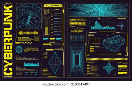 Abstract digital technology. Futuristic HUD, FUI, Virtual Interface. Glitch Cyberpunk shapes retro futurism concept. Vaporwave abstract elements for web banners, Futuristic info boxes layout templates