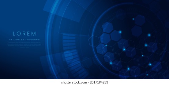 Abstract digital technology geometric hexagon pattern shapes with light effect on blue background. Vector illustration