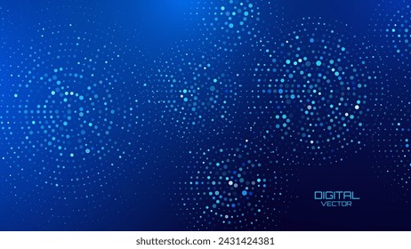 Abstrakte digitale Technologie Halbtonkreise Muster. Digitaler Welligkeitseffekt für Sechseckpartikel. Hintergrund der Hi-Tech-Wissenschaftspräsentation. In: Vector Illustration.