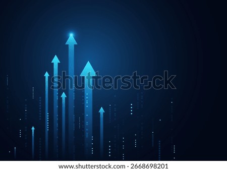 Abstract digital technology illustration with glowing blue arrows rising on a dark background, symbolizing business growth, financial success, corporate progress, and strategic opportunity