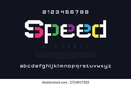 Abstrato digital tecnologia logotipo alfabeto de fonte. Mínimo fontes urbanas modernas para logotipo, marca etc. Tipografia fonte maiúscula minúscula e número. ilustração vetorial