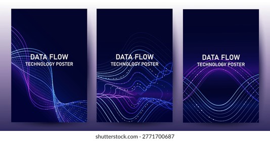 Abstract Digital Technology Posters with Glowing Data Flow Waves