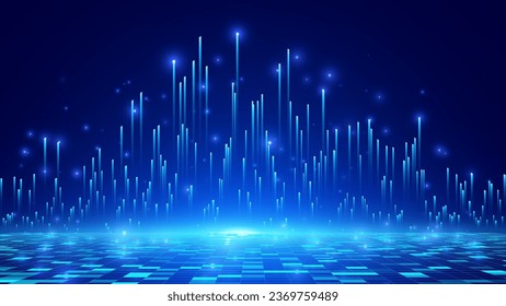 Abstract Digital Technology or Science Background. Blue Perspective Grid with Light Effects. Cyberspace Virtual Reality Metaverse Background. Vector for Your Graphic Design.