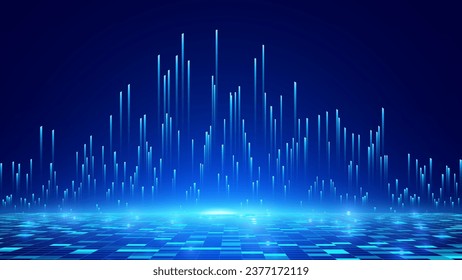 Abstract Digital Technology or Science Background. Blue Perspective Grid with Light Effects. Cyberspace Virtual Reality Metaverse Background. Vector for Your Graphic Design.