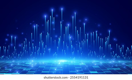 Abstract Digital Technology or Science Background. Blue Perspective Grid with Light Effects. Vector for Your Graphic Design.