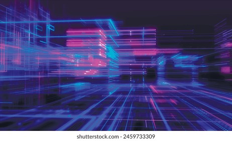 Abstract digital technology tunnel. Abstract futuristic sci-fi tunnel with particles and lines mesh. Connection and connections concept. Big data. 3D vector illustration.