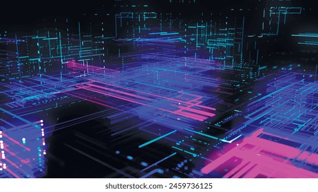 Abstractas túnel de tecnología digital. Abstractas túnel futurista de ciencia ficción con partículas y líneas de malla. Concepto de conexión y conexiones. Big data. Ilustración vectorial 3D.