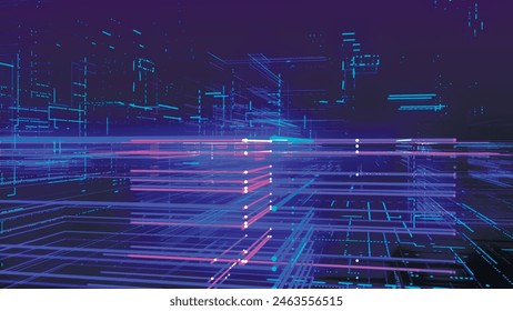 Abstract digital technology tunnel. Abstract futuristic sci-fi tunnel with particles and lines mesh. Connection and connections concept. Big data. 3D vector illustration.