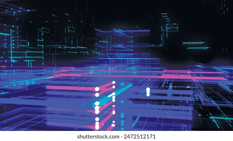 Abstract digital technology tunnel. Abstract futuristic sci-fi tunnel with particles and lines mesh. Connection and connections concept. Big data. 3D vector illustration.