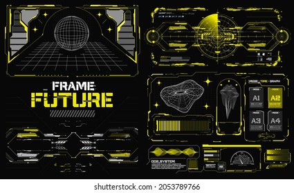 Abstrakte digitale Technologie-UI, UX Futuristic HUD, FUI, Virtual Interface. Titel und Rahmen im Sci-Fi-Stil. Balkenmarken, Info-Call-Box-Bars. Futuristische Info-Boxen Layout-Vorlagen.