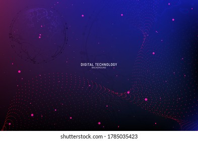 Abstract digital technology world map , flow line smooth particle wave, big data techno design concept background and wallpaper backdrop, banner website. 