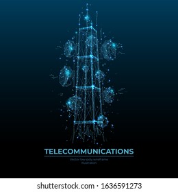 Abstract digital telecommunication tower with antennas as low poly wireframe. Technology 3D polygonal vector illustration on blue background. Polygons, lines, particles, triangles and connected dots.