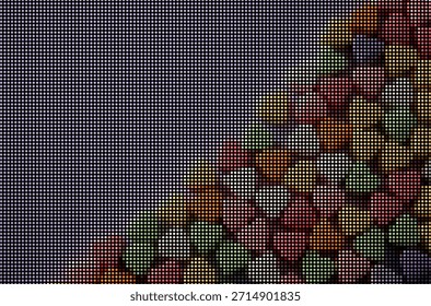 Die abstrakte digitale Textur zeigt farbenfrohe, pixelige Würfel, die aus der rechten Ecke auf dunklem Hintergrund austreten und auf Datenvisualisierung oder Bildschirmtechnologiekonzepte hindeuten.