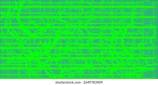 Textura digital abstrata com linhas emaranhadas verdes brilhantes sobre um fundo ciano escuro com um efeito de grade em camadas, assemelhando-se a redes neurais caóticas ou fiação elétrica.