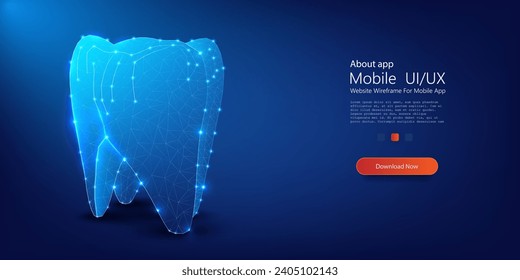 Abstract Digital Tooth Concept Illustration in Blue - Dental Technology and Oral Health. Healthy tooth low poly landing page template. Isolated polygonal illustration