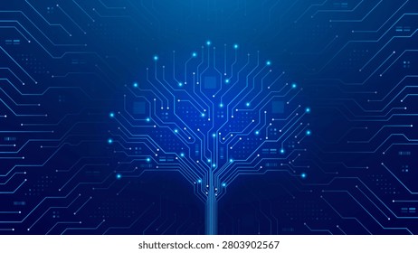 Abstract digital tree concept. Vector illustration with circuit lines and sparkles form big data tree. Hi-tech glowing technology tree. Concept of big data visualization, artificial intelligence.