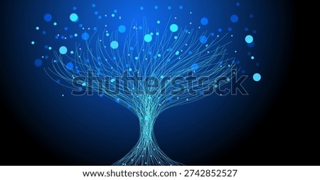 Abstract digital tree network vector illustration featuring glowing blue lines and circular nodes forming futuristic data connection structure. Technology innovation concept symbolizing artificial intelligence, big data, communication network and digital growth. Modern dark background design suitable for tech presentation, startup branding, science poster and creative graphic projects.