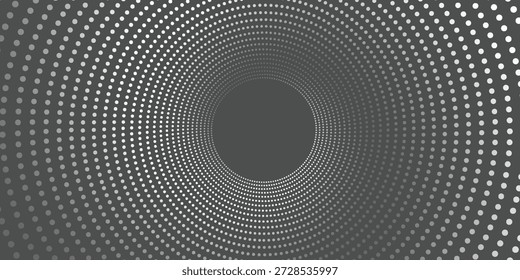 Abstrakter digitaler Tunnel aus weißen Punkten auf dunkelgrauem Hintergrund, der eine futuristische und dynamische optische Illusion mit einem Gefühl von Tiefe und Bewegung erzeugt.