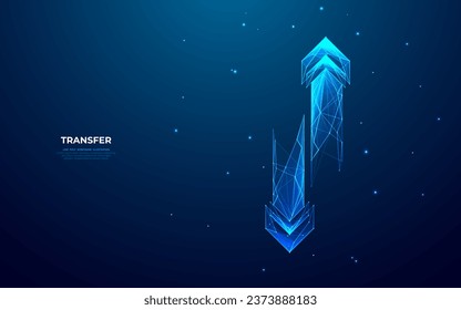 Abstrakte digitale zwei Pfeile auf dunkelblauem Hintergrund. Exchange- und Transferkonzept. Low-Poly-Wireframe-Vektorgrafik im futuristischen Hologramm-Stil. Polygonale Geschwindigkeitspfeile.