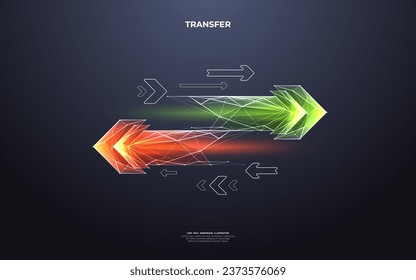 Abstract digital two left-right arrows with green and red color shapes in futuristic low poly style with doodle elements on a technology dark background. Data receive concept. Vector illustration.