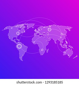 Abstract digital vector illustration of the world map with connecting points on the continents in neon colors