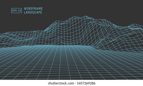 Abstract digital vector landscape background. Wireframe terrain polygon landscape design. EPS 10. Blue grid
