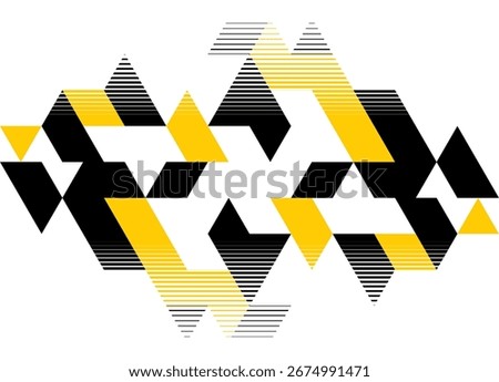 Abstract digital Vector pattern of black and yellow striped triangles on a white background. Modern pattern. Trendy vector background for covers, textiles, packaging, advertising. Wallpaper. Design el