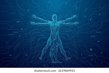 Abstract digital vitruvian man on circuit board technology blue background. AI art or design concept. Ethalon of the human body. Artificial Intelligence tech bg. Vector illustration.