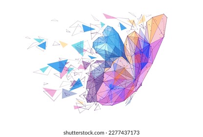 Abstract digital vivid butterfly isolated on white background. Vector illustration in polygons, lines and dots. Colorful low poly wireframe.