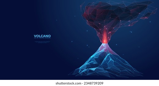 Resumen del volcán digital con humo y lava. Erupción volcánica sobre fondo azul tecnológico. Ilustración vectorial de malla baja con efecto 3D. Montaña poligonal. Concepto de desastre natural.