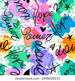 Abstract Digital Watercolor Brush Strokes Splashes Ink Stains with Hand Writing Slogans Seamless Graffiti Vector Pattern Isolated Batik Background