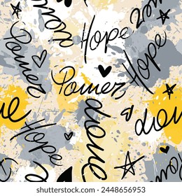 Abstract Digital Watercolor Brush Strokes Splashes Ink Stains with Hand Writing Slogans Seamless Graffiti Vector Pattern Isolated Batik Background