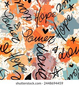 Abstract Digital Watercolor Brush Strokes Splashes Ink Stains with Hand Writing Slogans Seamless Graffiti Vector Pattern Isolated Batik Background