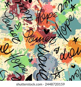 Abstract Digital Watercolor Brush Strokes Splashes Ink Stains with Hand Writing Slogans Seamless Graffiti Vector Pattern Isolated Batik Background