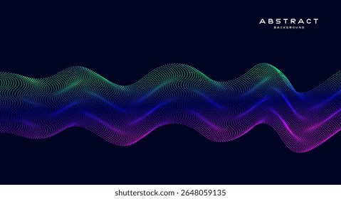 Abstract digital wave background with glowing dots, vibrant gradient colors of green, blue, and purple on dark background. Modern futuristic dynamic flow pattern for technology, music.