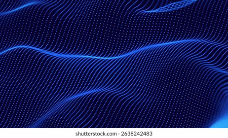 Abstract Digital Wave of Glowing Blue Dots on Dark Background, Flowing Particle Lines Representing Data, Technology, or Sound Visualization, Vector Illustration
