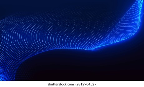 An abstract digital wave of particles. Dark background. Blue glowing dots align in undulating arcs, creating an abstract flow of energy. Vector.