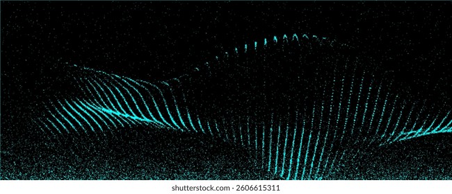 Abstract digital wave of particles on a black background. Circles and defocused bright green particles. Technological background.