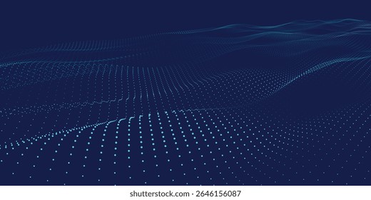 An abstract digital wave pattern that features illuminated blue dots against a dark backdrop, creating depth. Weave effect. 3D Abstract illustration.