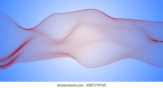 Abstract Digital Wave with Red Dots on a Gradient Blue Background. Dynamic abstract depiction of a red dotted wave flowing on a sleek gradient blue backdrop, symbolizing modernity, motion