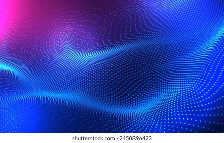 Abstract digital waving 3d particle technology background design. Futuristic moving dots particles, hi-tech and big data visualization for brochures, flyers, magazine, business card, banner. Vector.