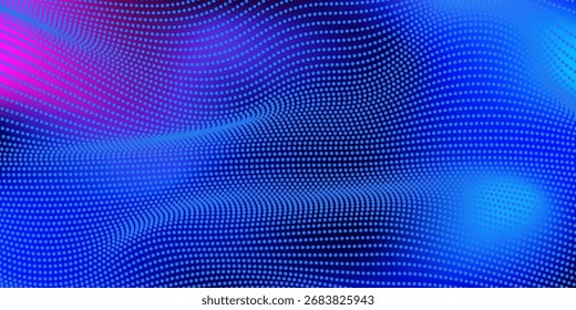 Abstract digital waving 3d particle technology background design. Futuristic moving dots particles, hi-tech and big data visualization for brochures, flyers, magazine, business card, banner. Vector.