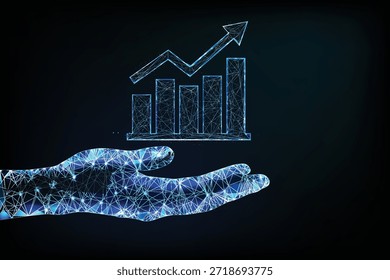 Abstraktes digitales Drahtmodell-Diagramm mit steigendem Pfeil und Balkendiagramm, unterstützt von einer menschlichen Hand