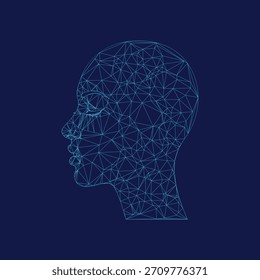 An abstract digital wireframe of a human head in profile, illustrating concepts of artificial intelligence, technology, mental processes, and data connections on a dark blue background.