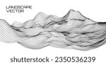 Abstract Digital Wireframe Landscape Wire Lines. 3D Topographic Map Background Concept. Geography Concept. Wavy Lines Backdrop. Space Surface HUD Design Element. Vector Illustration.